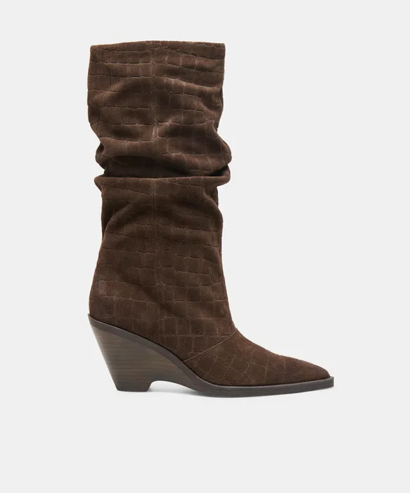 ADISEN Espresso Embossed Suede Wedge-Heel Boots — view 2