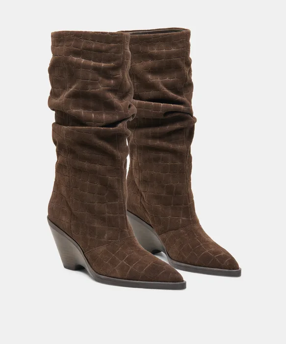 ADISEN Espresso Embossed Suede Wedge-Heel Boots — view 3
