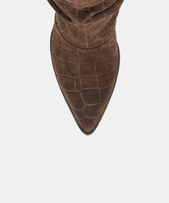 ADISEN Espresso Embossed Suede Wedge-Heel Boots — view 4