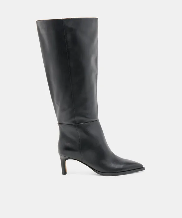ALIMA Extra Wide Calf Black Leather Kitten-Heel Knee-High Boots — view 2