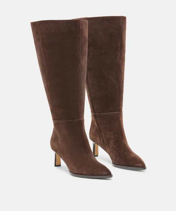 ALIMA Extra Wide Calf Dk Brown Suede Kitten-Heel Knee-High Boots — view 3