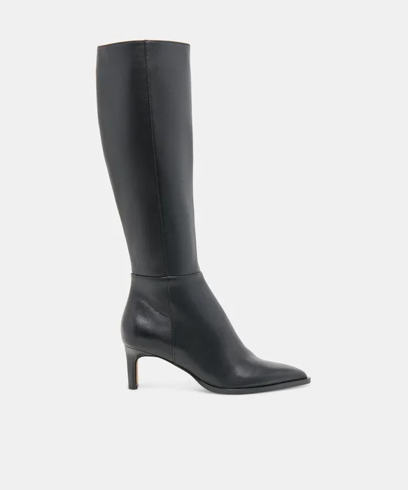 ALIMA Narrow Calf Black Leather Kitten-Heel Knee-High Boots — view 2