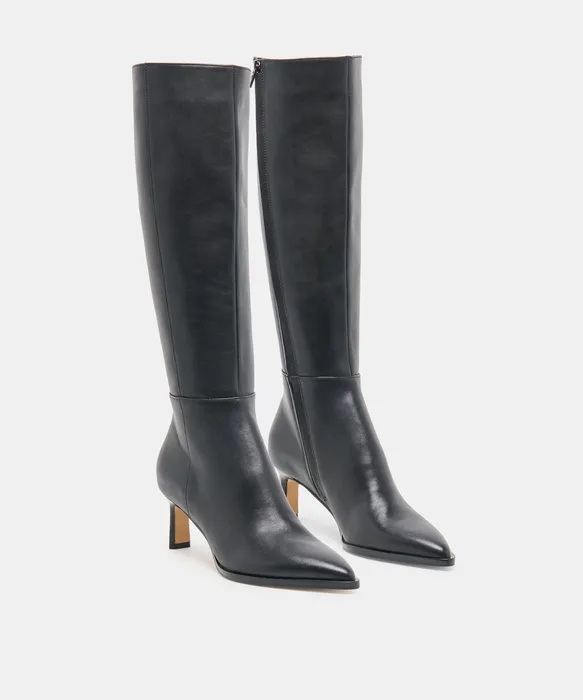 ALIMA Narrow Calf Black Leather Kitten-Heel Knee-High Boots — view 3