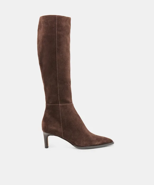 ALIMA Narrow Calf Dk Brown Suede Kitten-Heel Knee-High Boots — view 2