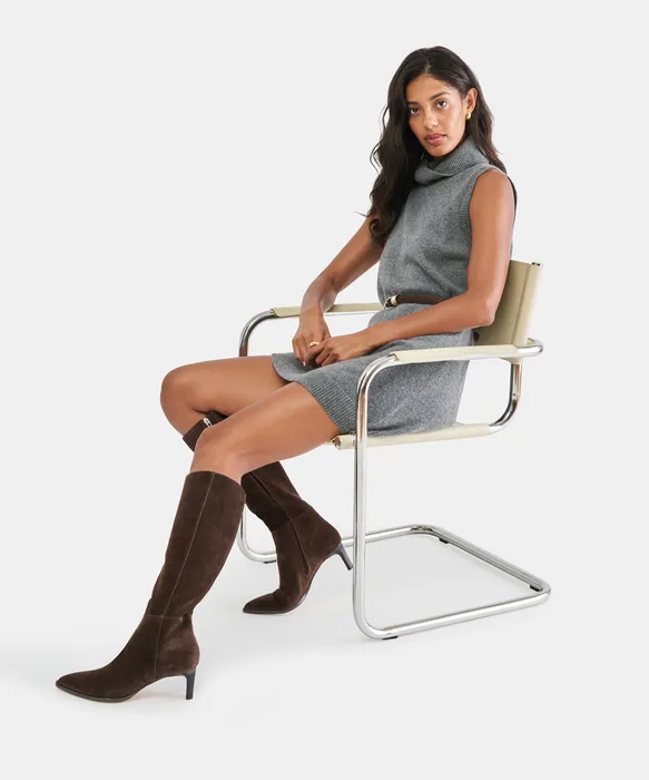 ALIMA Narrow Calf Dk Brown Suede Kitten-Heel Knee-High Boots — view 5