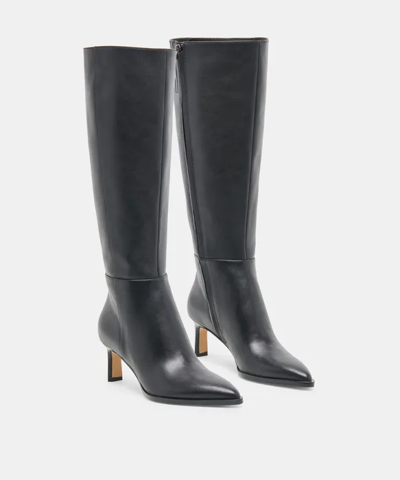 ALIMA Wide Calf Black Leather Kitten-Heel Knee-High Boots — view 3