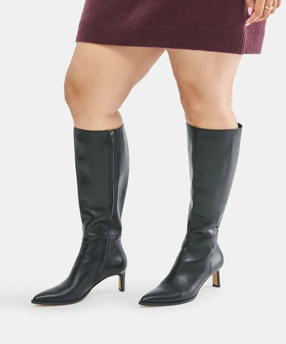 ALIMA Wide Calf Black Leather Kitten-Heel Knee-High Boots — view 5