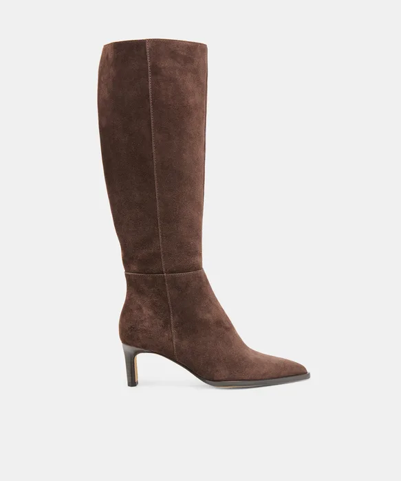 ALIMA Wide Calf Dk Brown Suede Kitten-Heel Knee-High Boots — view 2