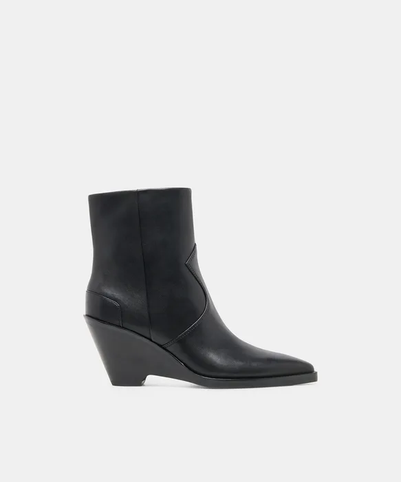 ASHTIN Black Leather Pointed-Toe Wedged Booties — view 2