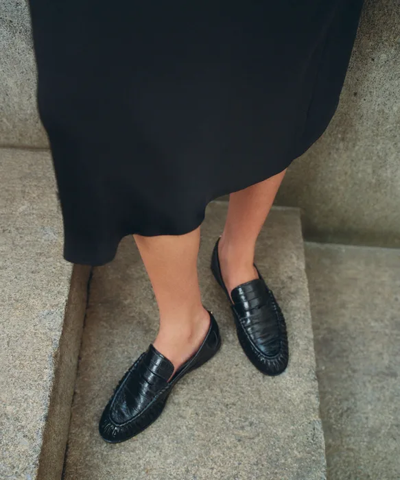 BAXEN Noir Embossed Leather Pointed-Toe Penny Loafers — view 5
