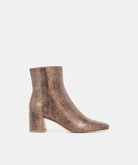 BAYRA Snake Tan Embossed Leather Ankle Block Heel Ankle Booties — view 2