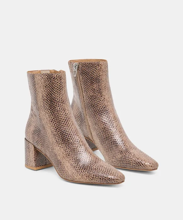 BAYRA Snake Tan Embossed Leather Ankle Block Heel Ankle Booties — view 3
