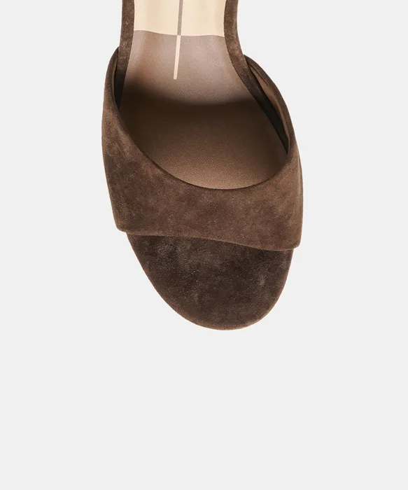 BELEN Dk Brown Suede Open-Toe Sculptural Stiletto Heels — view 4
