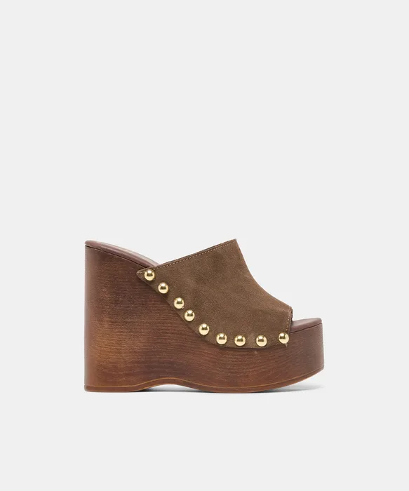 BIRK Dk Brown Suede Platform Wood Sole Wedges — view 2