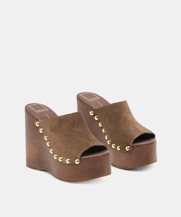 BIRK Dk Brown Suede Platform Wood Sole Wedges — view 3