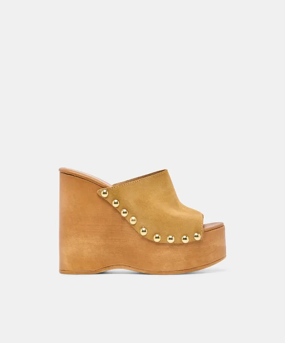 BIRK Tan Suede Platform Wood Sole Wedges — view 2
