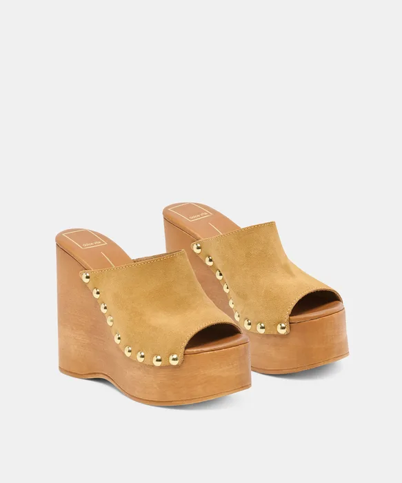 BIRK Tan Suede Platform Wood Sole Wedges — view 3