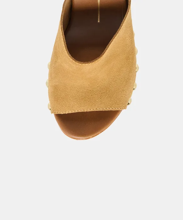 BIRK Tan Suede Platform Wood Sole Wedges — view 4