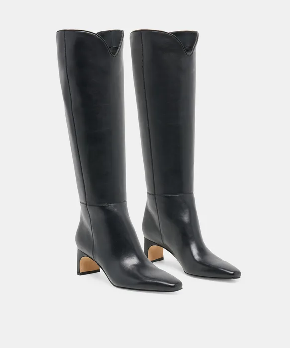 BRION Black Leather Block-Heel Almond-Toe Knee-High Boots — view 3
