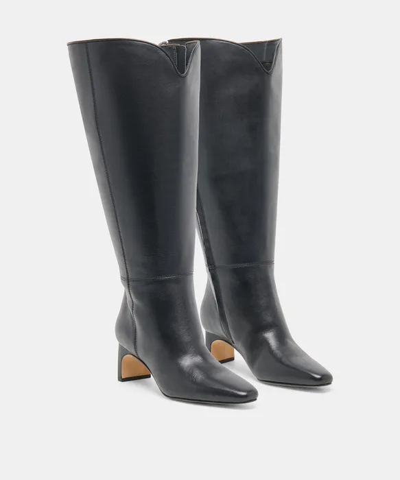 BRION Extra Wide Calf Black Leather Block-Heel Knee-High Boots — view 3