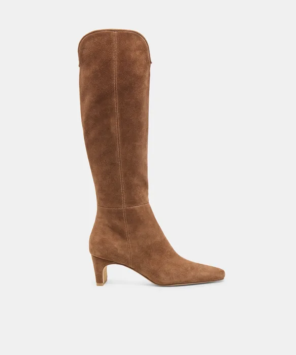 BRION Narrow Calf Cocoa Suede Block-Heel Knee-High Boots — view 2