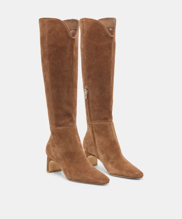 BRION Narrow Calf Cocoa Suede Block-Heel Knee-High Boots — view 3