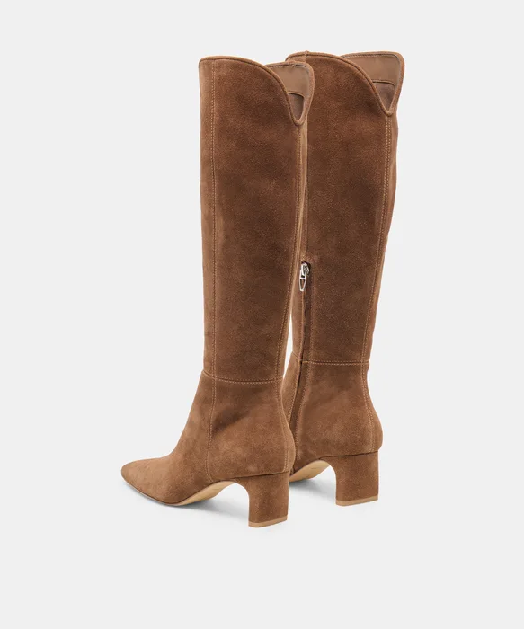 BRION Narrow Calf Cocoa Suede Block-Heel Knee-High Boots — view 6