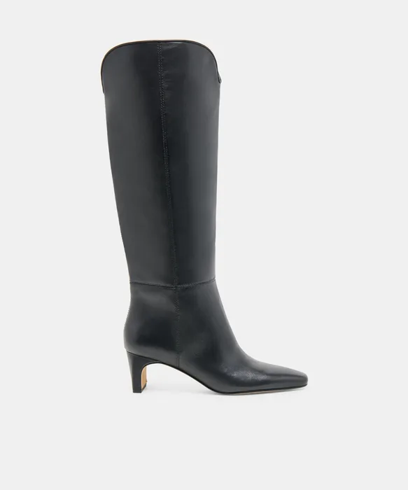 BRION Wide Calf Black Leather Block-Heel Knee-High Boots — view 2