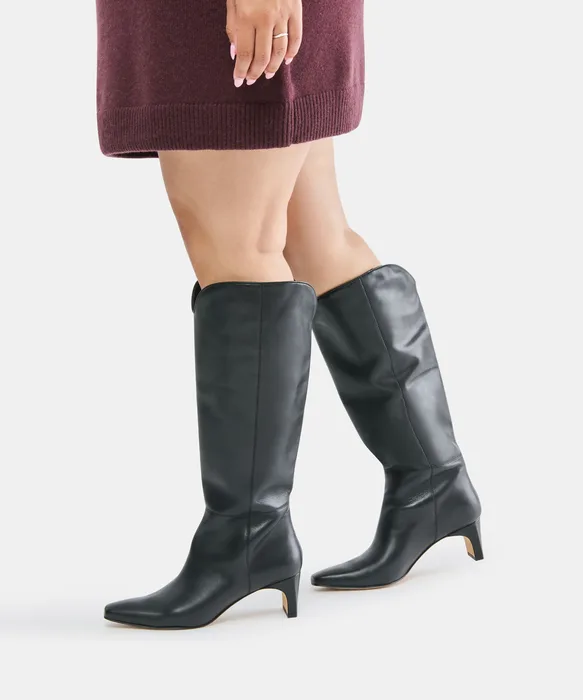 BRION Wide Calf Black Leather Block-Heel Knee-High Boots — view 5