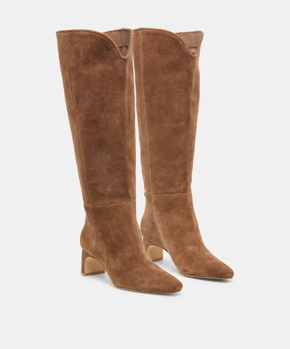 BRION Wide Calf Cocoa Suede Block-Heel Knee-High Boots — view 3