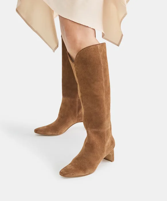 BRION Wide Calf Cocoa Suede Block-Heel Knee-High Boots — view 5