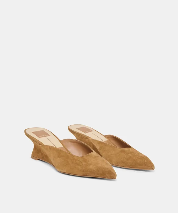 CAMY Cognac Suede Closed-Toe Slip-On Wedge Mules — view 3