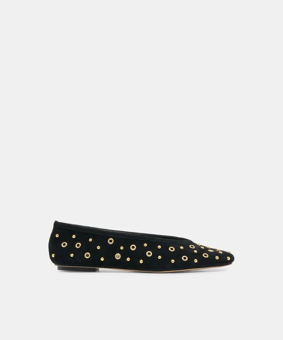 CARET STUD Onyx Suede Almond-Toe Ballet Flats — view 2