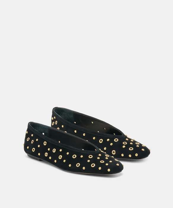 CARET STUD Onyx Suede Almond-Toe Ballet Flats — view 3