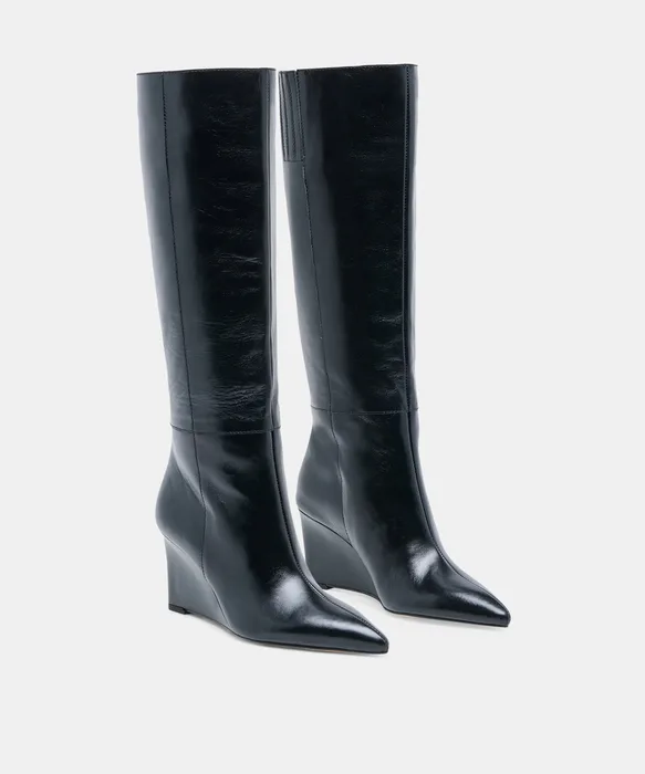 EMILA Black Leather Knee-High Wedged Boots — view 3