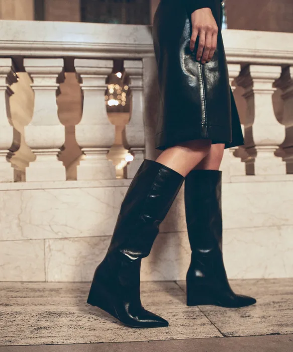 EMILA Black Leather Knee-High Wedged Boots — view 5