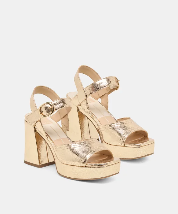 FATIMA Gold Embossed Leather Platform Heels — view 3