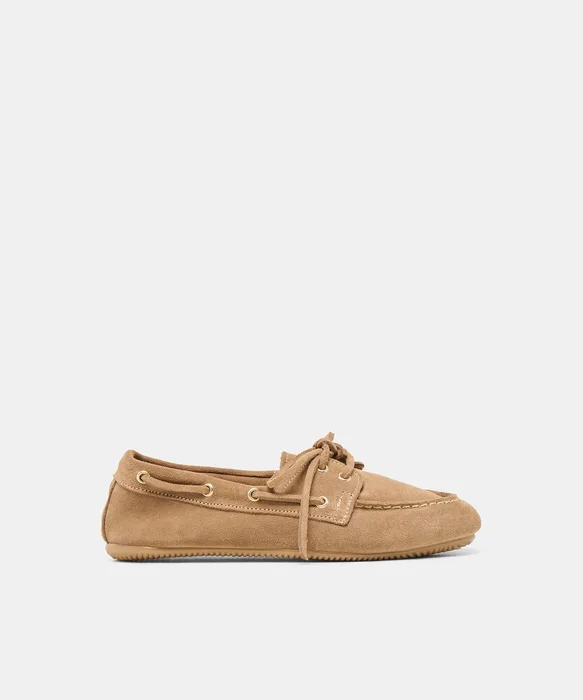 FLORAH Taupe Suede Boat Shoe Loafers — view 2