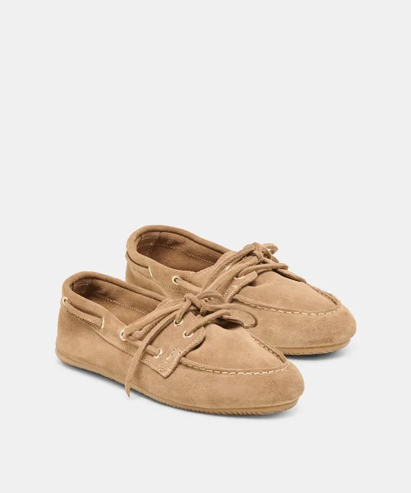 FLORAH Taupe Suede Boat Shoe Loafers — view 3