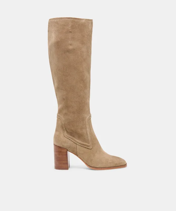 FUEGO Taupe Suede Block-Heel Knee-High Boots — view 2