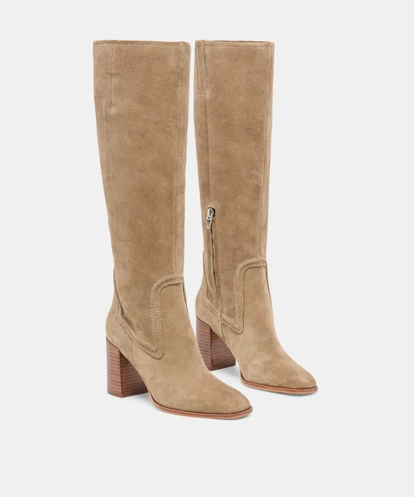 FUEGO Taupe Suede Block-Heel Knee-High Boots — view 3