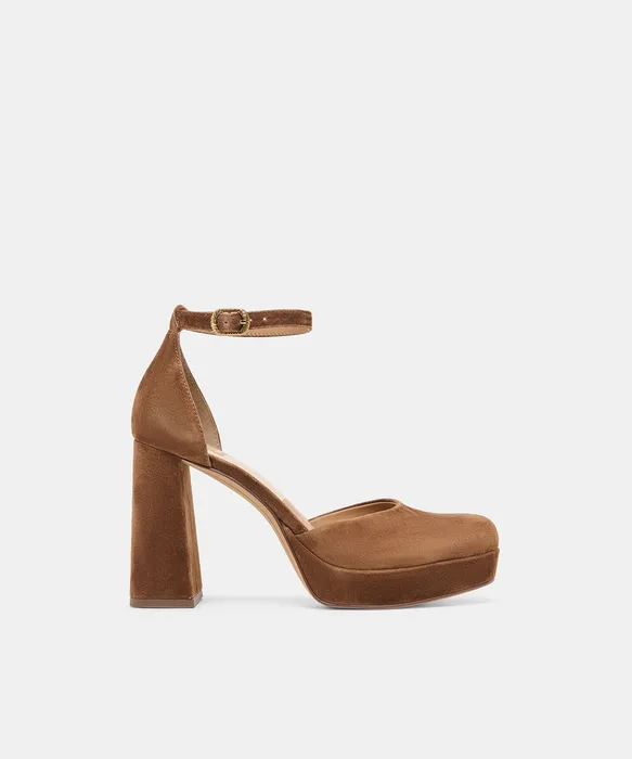 GARLYN Cocoa Suede Block-Heel Platform Heels — view 2