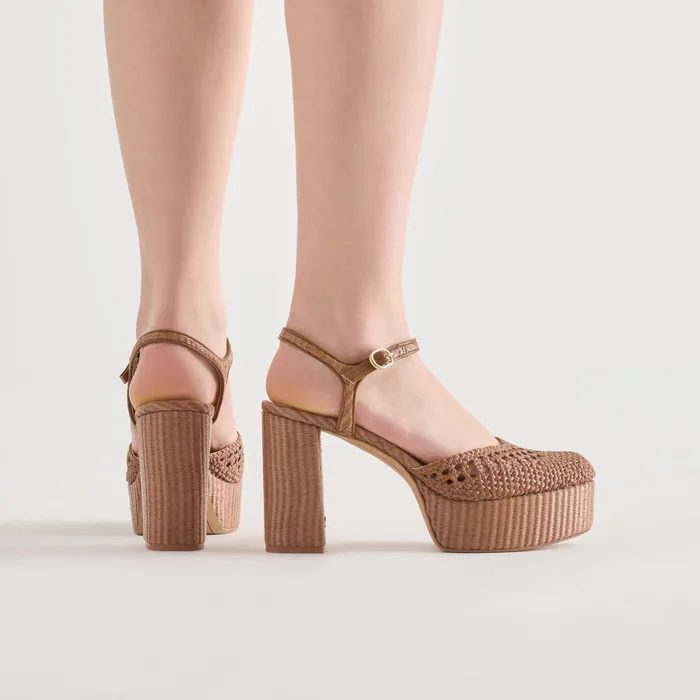 Gero Mid Brown Woven Raffia Heels — view 3