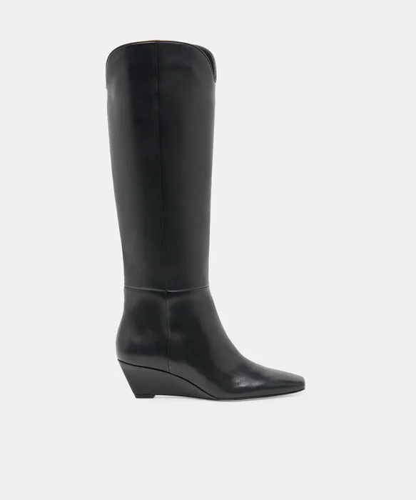 HENRA Black Leather Knee-High Wedge Heel Boots — view 2