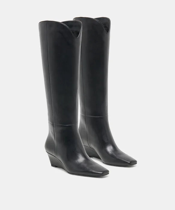HENRA Black Leather Knee-High Wedge Heel Boots — view 3