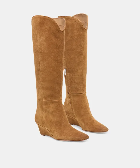 HENRA Lt Brown Suede Knee-High Wedge Heel Boots — view 3