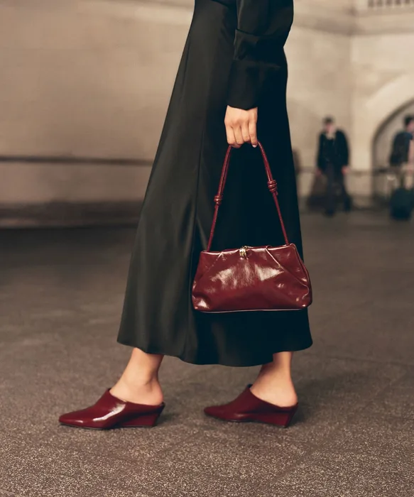 HILAH Oxblood Crinkle Patent Closed-Toe Slip-On Wedge Mules — view 5