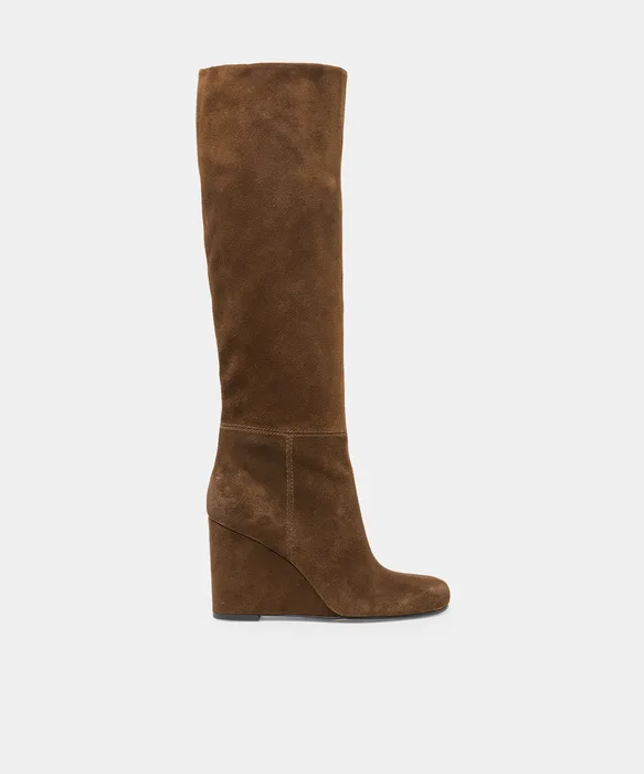 HIRA Chestnut Suede Wedges Knee-High Boots — view 2