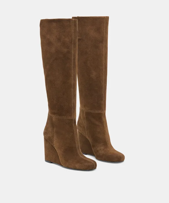 HIRA Chestnut Suede Wedges Knee-High Boots — view 3