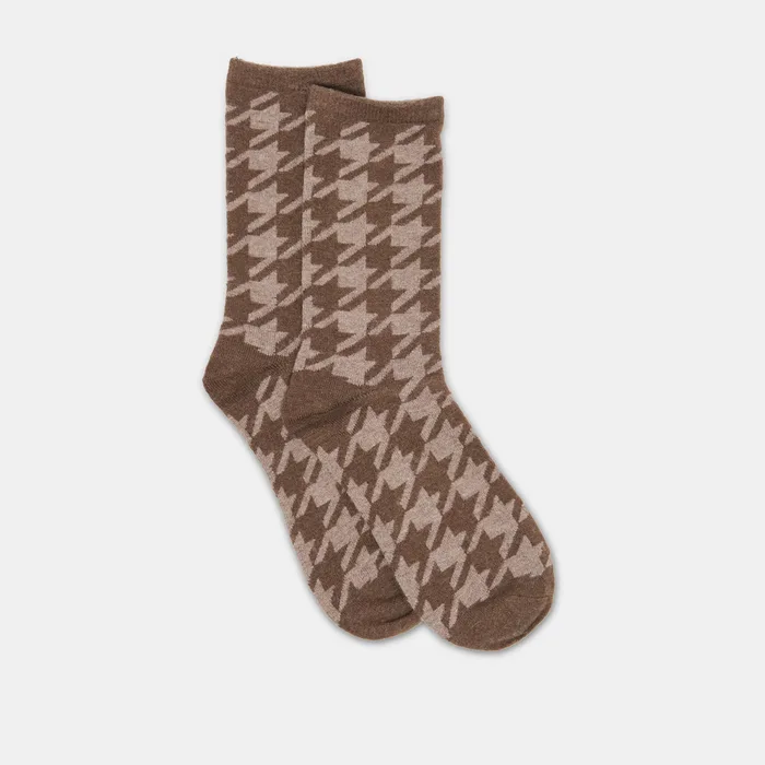Houndstooth Cashmere Blend Espresso Crew Socks — view 2